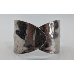 Vintage Chunky Silver Tone Hammered Spoon Cuff Bracelet 1 5/8" Wide Modernist